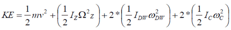 This equation demonstrates the calculation of kinetic energy. KE is the total kinetic energy, m is the mass of the occupied wheelchair, v is the speed of the occupied wheelchair, I is the moment of inertia of the occupied wheelchair (z), drive wheels (dw), and casters (c), is the rotation rate of the drive wheels and casters, is the yaw rate of the occupied wheelchair.